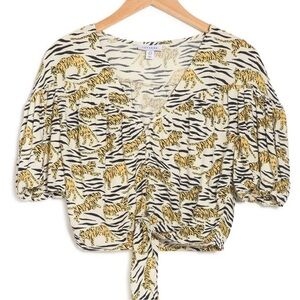 Topshop Tiger Print Bubble Sleeve Women's Crop Top Y2K Streetwear Animal Print